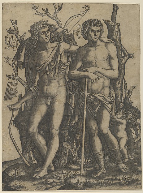 Marcantonio Raimondi, Apollo standing at the left, his hand resting on the shoulder of Hyacinthus, Cupid in the lower right