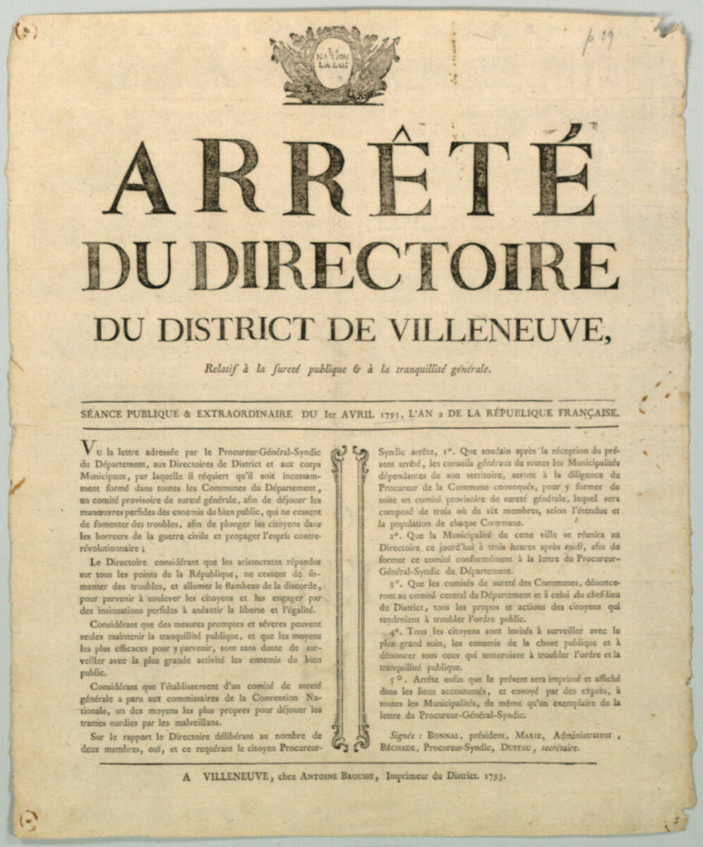 Anonym, ARRÊTÉ DU DIRECTOIRE DU DISTRICT DE VILLENEUVE; SÉANCE PUBLIQUE & EXTRAORDINAIRE DU 1er AVRIL 1793, L'AN 2 DE LA RÉPUBLIQUE FRANCAISE