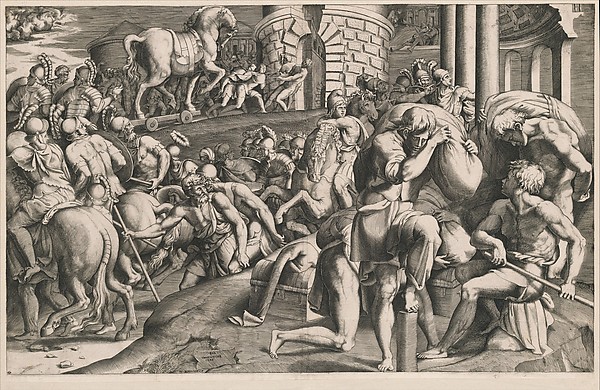 Giulio Bonasone, The Trojans pulling the wooden horse into the city