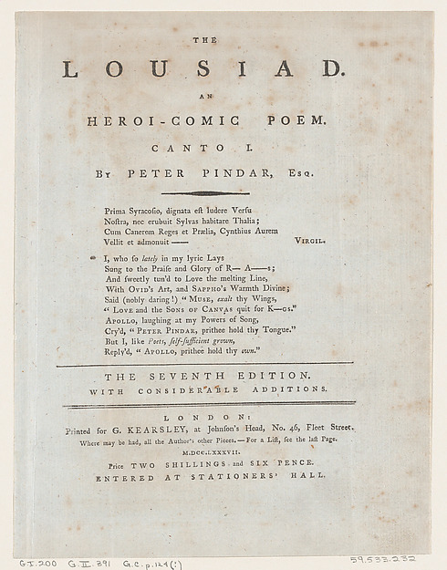 Thomas Rowlandson, The Lousiad, Title Page
