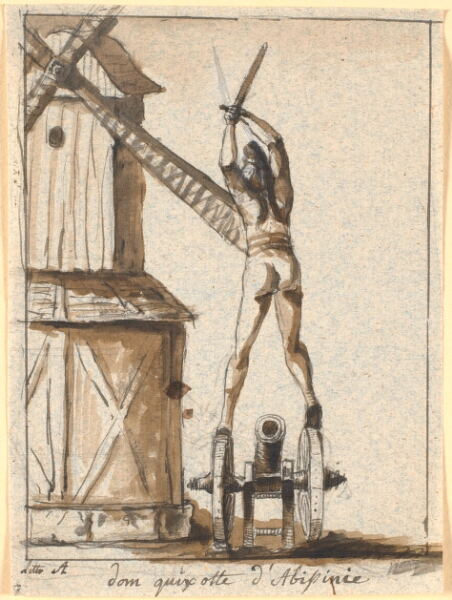 Nicolai Abildgaard, Don Quixote, stående på en kanon, med sværdet hævet mod en møllevinge