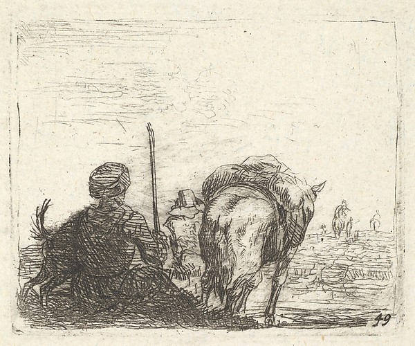 Karel Dujardin, Pack-horse, seated man with staff in right hand, and dog, all viewed from the rear, from "The Small Landscapes"