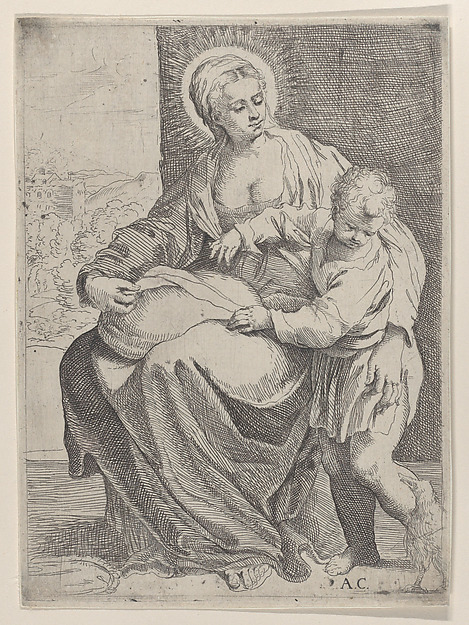 Annibale Carracci, The Virgin seated holding a pillow on her lap with the young Christ standing at right