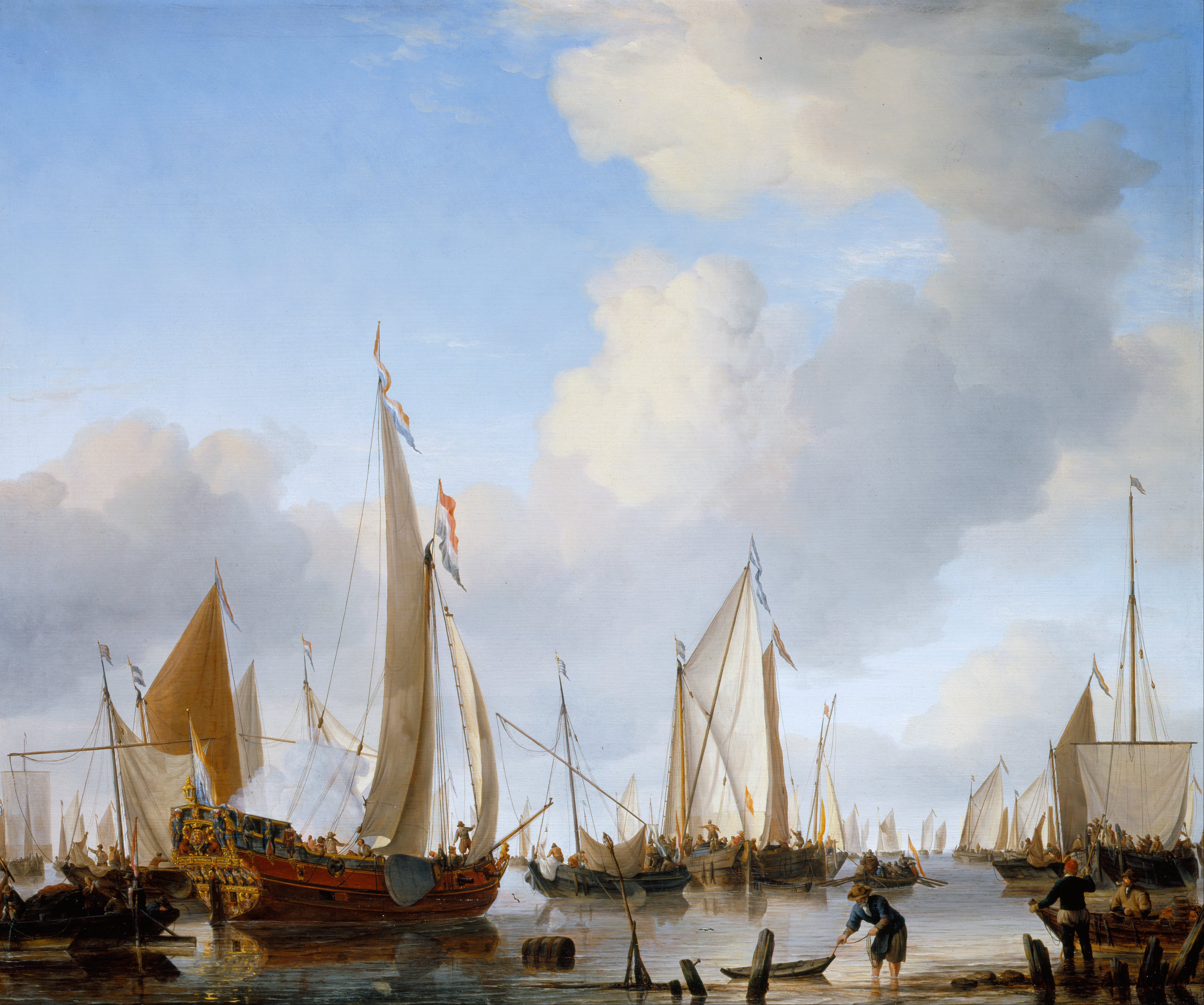 Willem van de Velde the Younger, A Calm: A States Yacht under Sail close to the Shore with many other Vessels