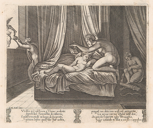 Agostino Veneziano (Agostino dei Musi), Plate 13: Psyche looking at Cupid, from "The Story of Cupid and Psyche as told by Apuleius"