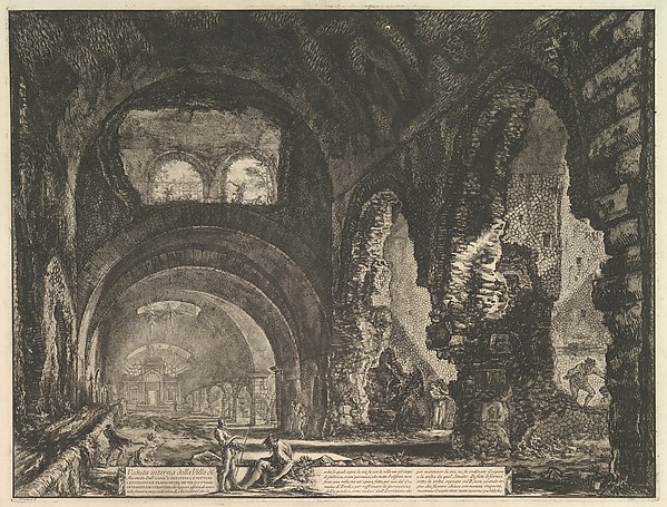 Giovanni Battista Piranesi, The so-called Villa of Maecenas at Tivoli. Interior with two figures in the opening of an arch above. (Veduta interna della Villa di Mecenate)