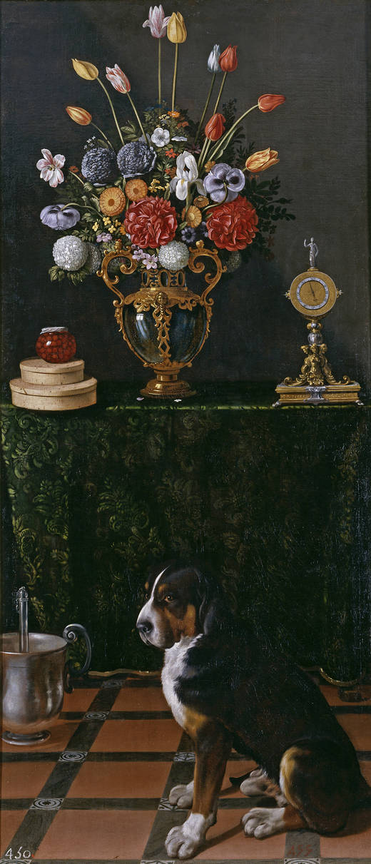 Juan van der Hamen, Still Life with a Vase of Flowers and a Dog