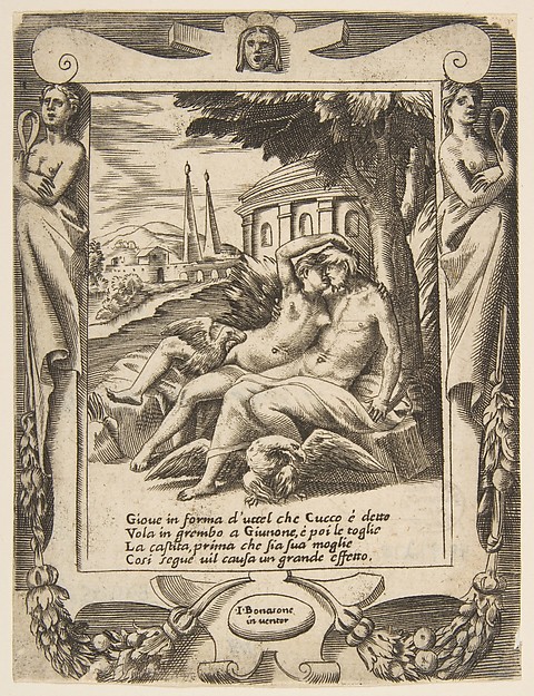Giulio Bonasone, Jupiter tells Juno of his love, set within a frame, from "Loves, Rages and Jealousies of Juno"