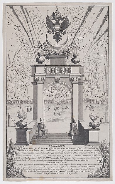 Anonymous, Fireworks and triumphal arch erected in Buda to celebrate the expulsion of the Turks, September 1686