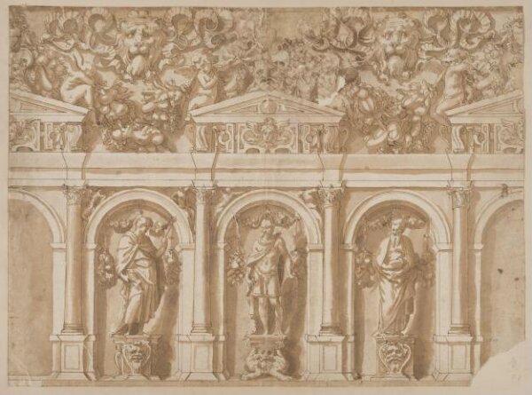Unknown, Design for the side of a room, with three figures framed in arches, and a frieze decorated with putti, masks and swags of fruit