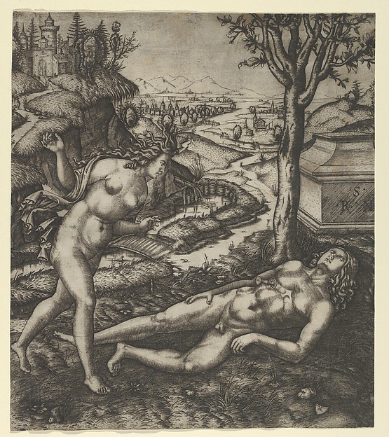 Marcantonio Raimondi, Thisbe finding Pyramus laying on the ground with a knife in his chest