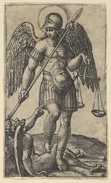 Marcantonio Raimondi, Saint Michael holding scales and a lance, a demon beneath him, from "Piccoli Santi" (Small Saints)
