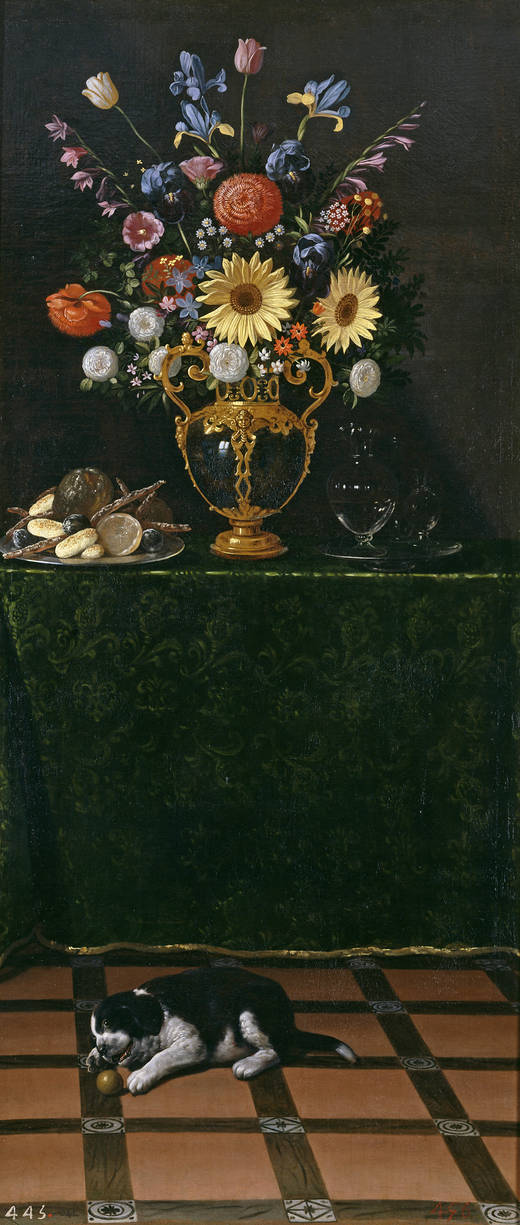 Juan van der Hamen, Still Life with a Vase of Flowers and a Puppy