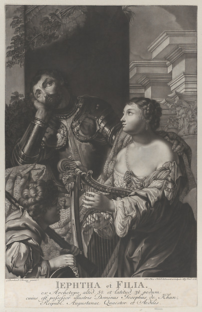 Johann Elias Haid, Jephtha dressed in armor looking up in despair, and his daughter holds a harp at right