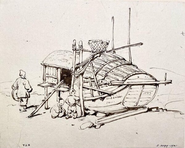 George Chinnery, Drawing, a Tanka boat propped up ashore, Macau