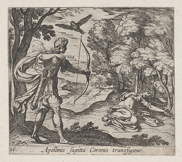 Antonio Tempesta, Plate 16: Apollo Killing Coronis (Appolinis sagitta Coronis transfigitur), from Ovid's 'Metamorphoses'