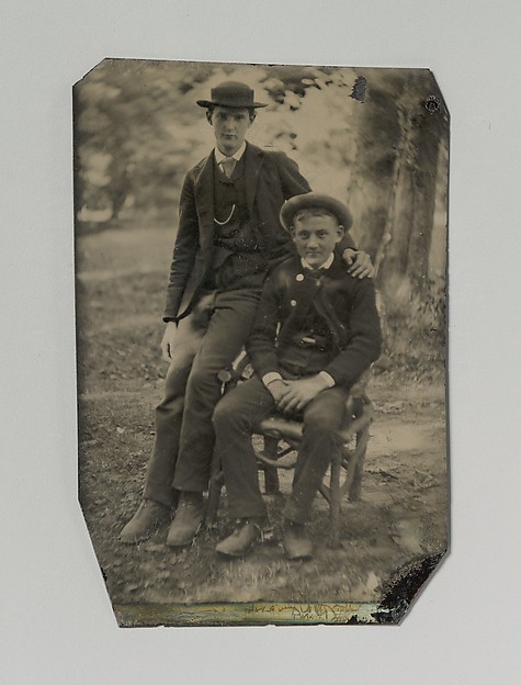 Unknown, [Two Young Men Outdoors, One Seated, the Other on the Arm of the Chair]
