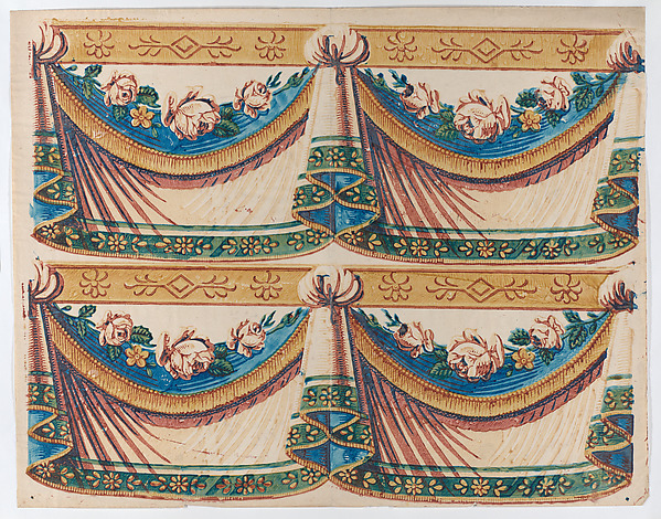 Anonymous, Sheet with two borders with drapery and floral designs