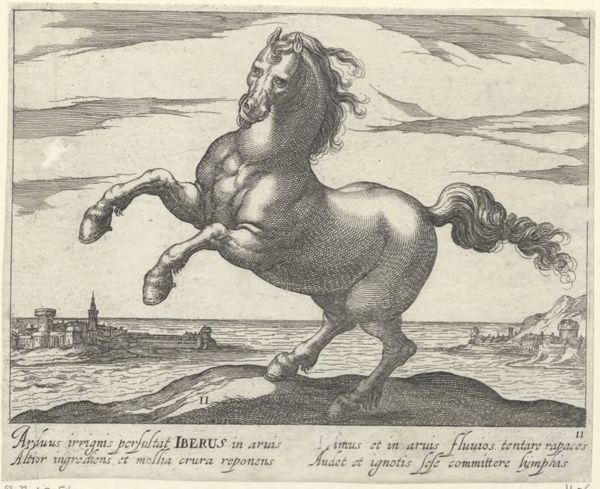 Panderen, Egbert van, (1581-1637?), (printmaker), Horse breeds: Landscape with a horse from the Iberian Peninsula