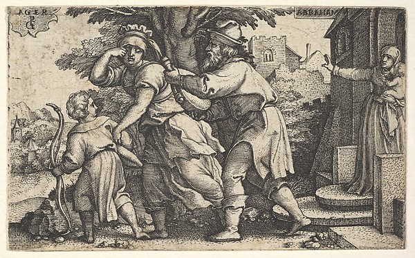 Georg Pencz, Abraham sending away Hagar and Ishmael: Abraham holds forth a vessel as Hagar and Ishmael stride before him, from "The Story of Abraham"