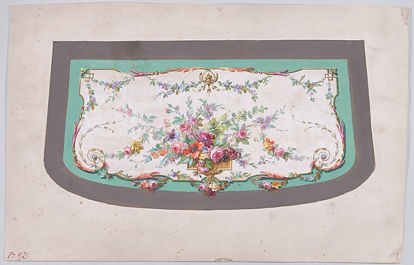 Anonymous, French, 19th century, Design for a Sofa Seat Cover (?) with an Ornamental Frame Containing a Vase with a Large Bundle of Flowers and Leaves and Decorated with Acanthus Leaves and Two Fleurs de Lys