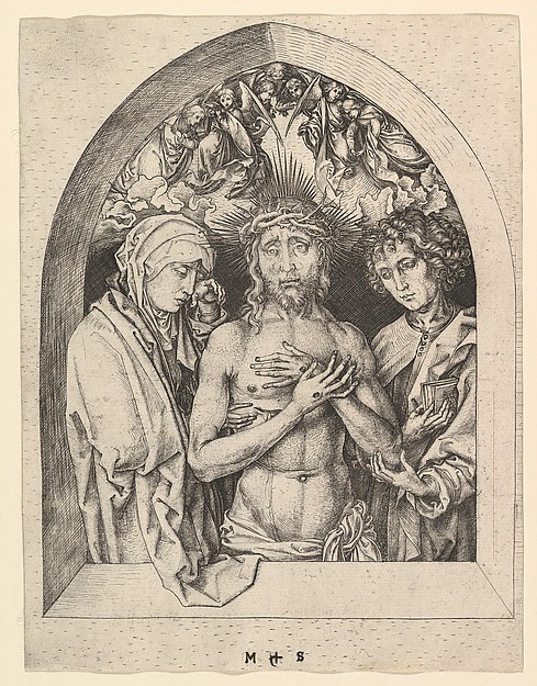 Martin Schongauer, Christ as the Man of Sorrows with the Virgin and St. John