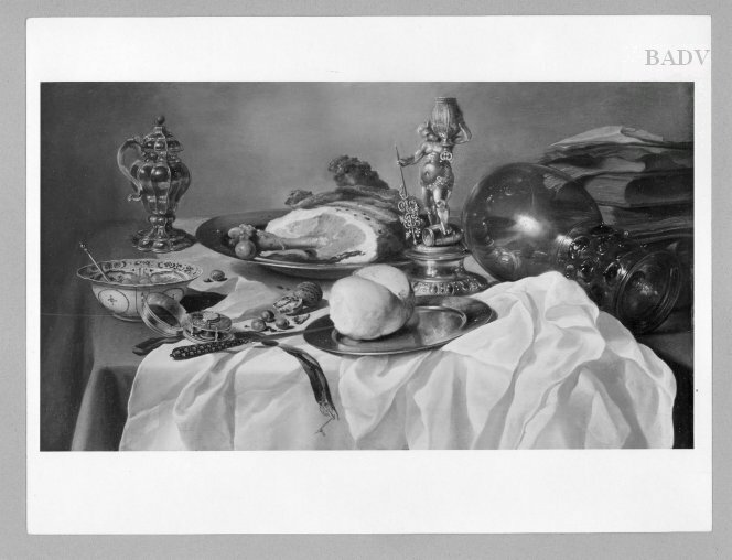 Pieter Claesz, Still Life with ham, books, metalware and kraakware