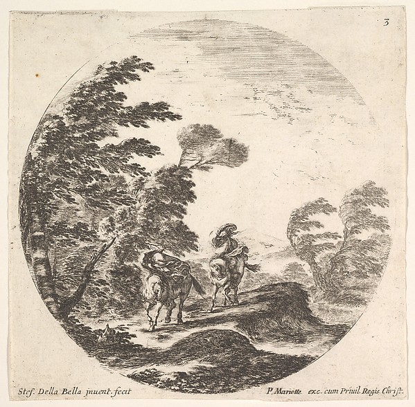 Stefano della Bella, Plate 3: a gale in the forest, two horsemen wrapped in their cloaks, the wind blowing, from "Roman landscapes and ruins" (Paysages et ruines de Rome)
