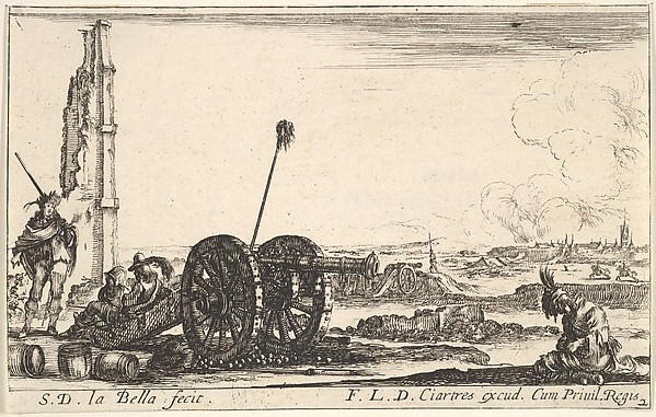 Stefano della Bella, Plate 2: A cannon to the left, a town in the background, from "Various Military Caprices" (Varii capricci militari)