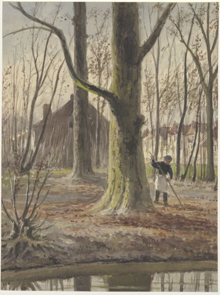 Kikkert, Jan Elias, (1843-1925), (artist), A man sweeping leaves between the trees