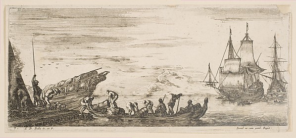 Stefano della Bella, Plate 7: merchandise loaded onto a boat, two galleys in the background to right, from 'Various Embarkations' (Divers embarquements)