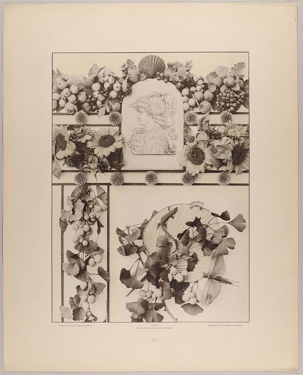 Martin Gerlach, 51. Festons, Fries und Vignette aus Früchten, Kugeldisteln, Sonnenblumen, Ginkgo mit Fächer, Medaillon, Eidechsen und Grashüpfer