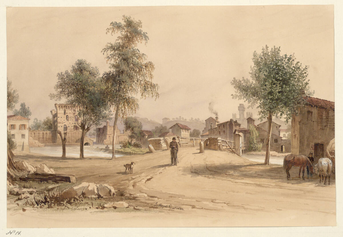 GiuseppeMazzola, Ansicht der Brücke über den Mincio zwischen Valeggio und Borghetto