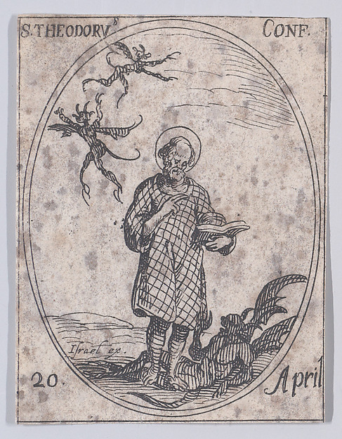 Jacques Callot, S. Théodore, confesseur (St. Theodore Trichinas, Confessor), April 20th, from "Les Images De Tous Les Saincts et Saintes de L'Année" (Images of All of the Saints and Religious Events of the Year)