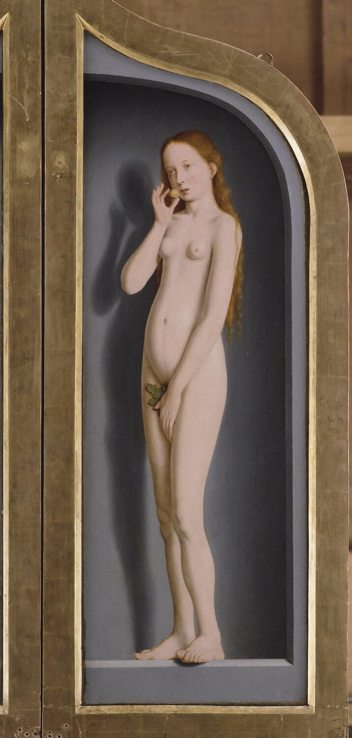 Gerard David, Marie, épouse de Jean de Sedano, en prière avec saint Jean l'Évangéliste ; face externe : Ève, nue