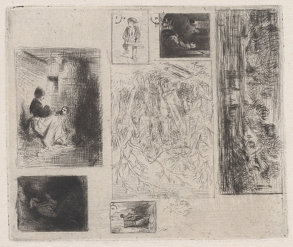 Charles Jacque, Composite plate: Woman and Children (a), Old Musician (b), Frying Merchant (c),  Landscape (d), Landscape (e), Praying Monk (f), and Scavenger (g)