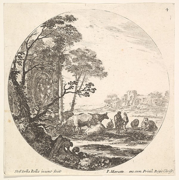 Stefano della Bella, Plate 4: a Corinthian capital on the ground, a monument with figures in low relief, various animals and two shepherds, from "Roman landscapes and ruins" (Paysages et ruines de Rome)