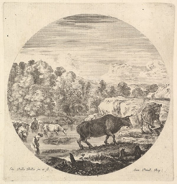 Stefano della Bella, Two cows in center, followed by two peasant women and other cows in the river to left, from "Six Animal Subjects" (Six Sujets d'Animaux)