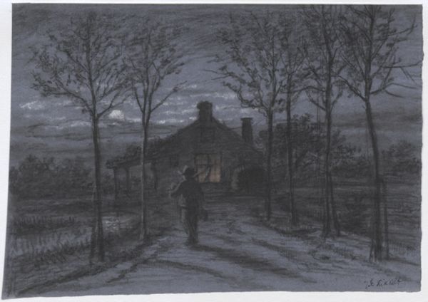 Kikkert, Jan Elias, (1843-1925), (artist), A man walking towards a cottage by night