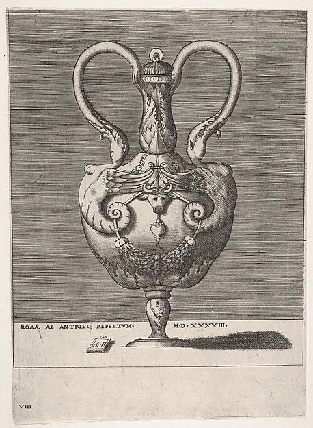 Enea Vico, Antique Lidded Vase with Two Handles emerging from the Heads of Hybrid Female Sphinxes, from "Vases after the Antique"