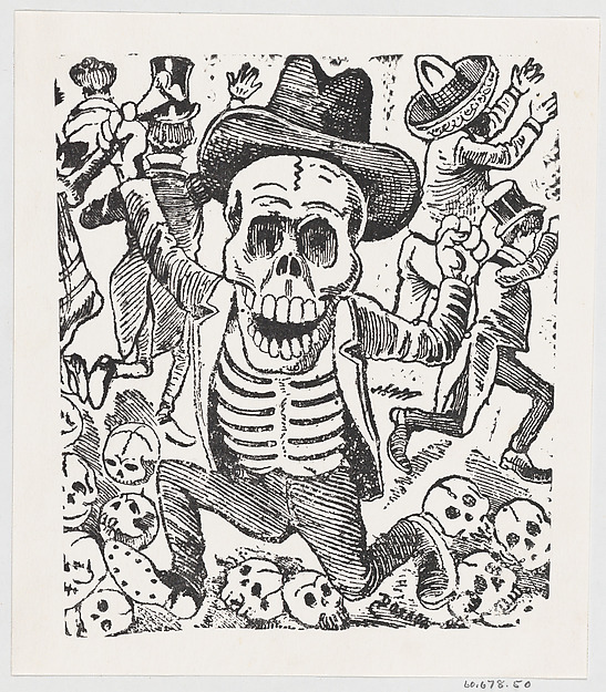 José Guadalupe Posada, A skeleton holding a bone and leaping over a pile of skulls while people flee, from a broadside entitled 'Las bravisimas calaveras Guatemaltecas'