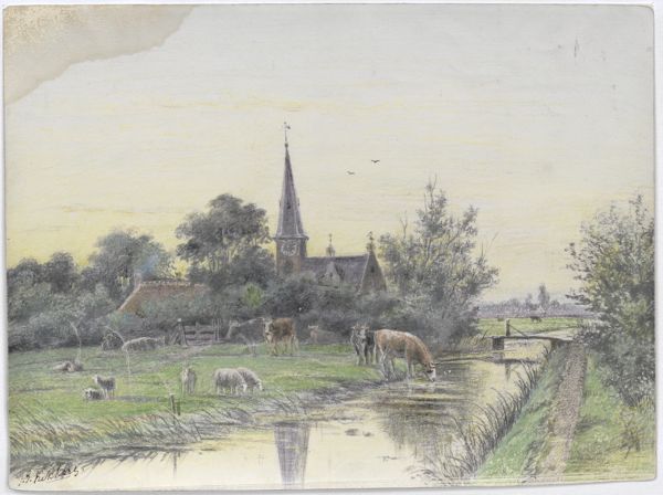 Kikkert, Jan Elias, (1843-1925), (artist), View of a village with cattle in the foreground