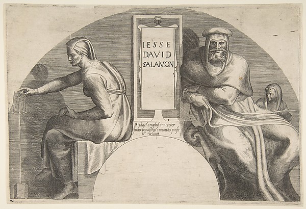 Giulio Bonasone, The ancestors of Christ flanking an inscribed tablet, an arched top composition