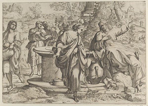 Anonymous, The Samaritan woman standing at the well, Christ seated next to her pointing to the right, after Annibale Caracci