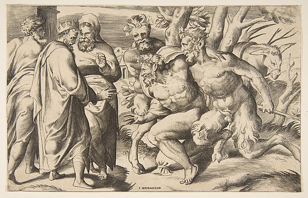 Giulio Bonasone, Two satyrs brining Silenus King Midas standing at the left