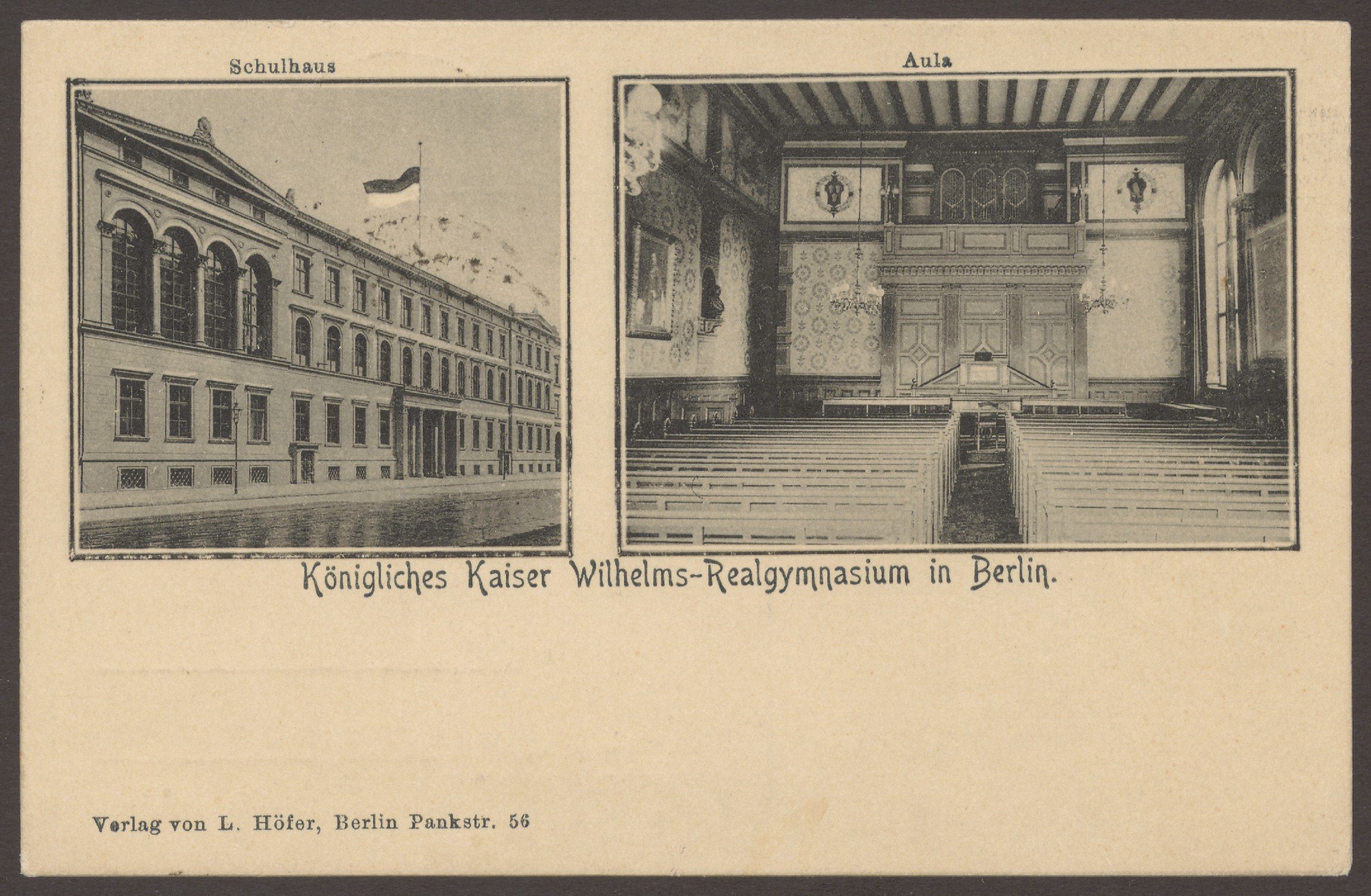 Verlag L. Höfer, Ansichtskarte "Königl. Kaiser Wilhelms-Realgymnasium", Aula, Kochstraße [2/2]