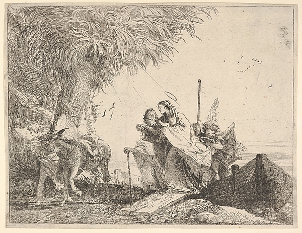 Giovanni Domenico Tiepolo, Mary, helped by Joseph and an angel, stepping from a boat to the shore, an angel steadies a donkey before her, from "The Flight into Egypt"