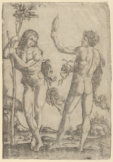 Marcantonio Raimondi, A young naked man standing at left leaning on the trunk, another seen from behind, holding two snakes in his right hand and a convex mirror in his raised left hand