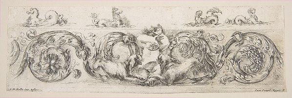 Stefano della Bella, Rinceaux with Child Frightened by Dogs, plate 8 from "Decorative friezes and foliage" (Ornamenti di fregi e fogliami)