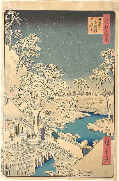 Utagawa Hiroshige, Taiko Bridge, Meguro, on a Snowy Evening